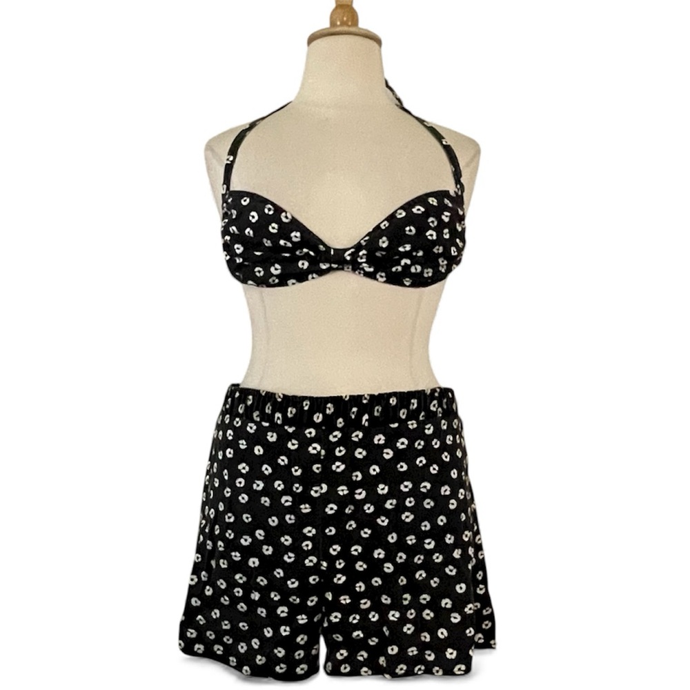 Vintage Floral Bikini Top Shorts Set Women’s XL Black‎ White High Rise Union